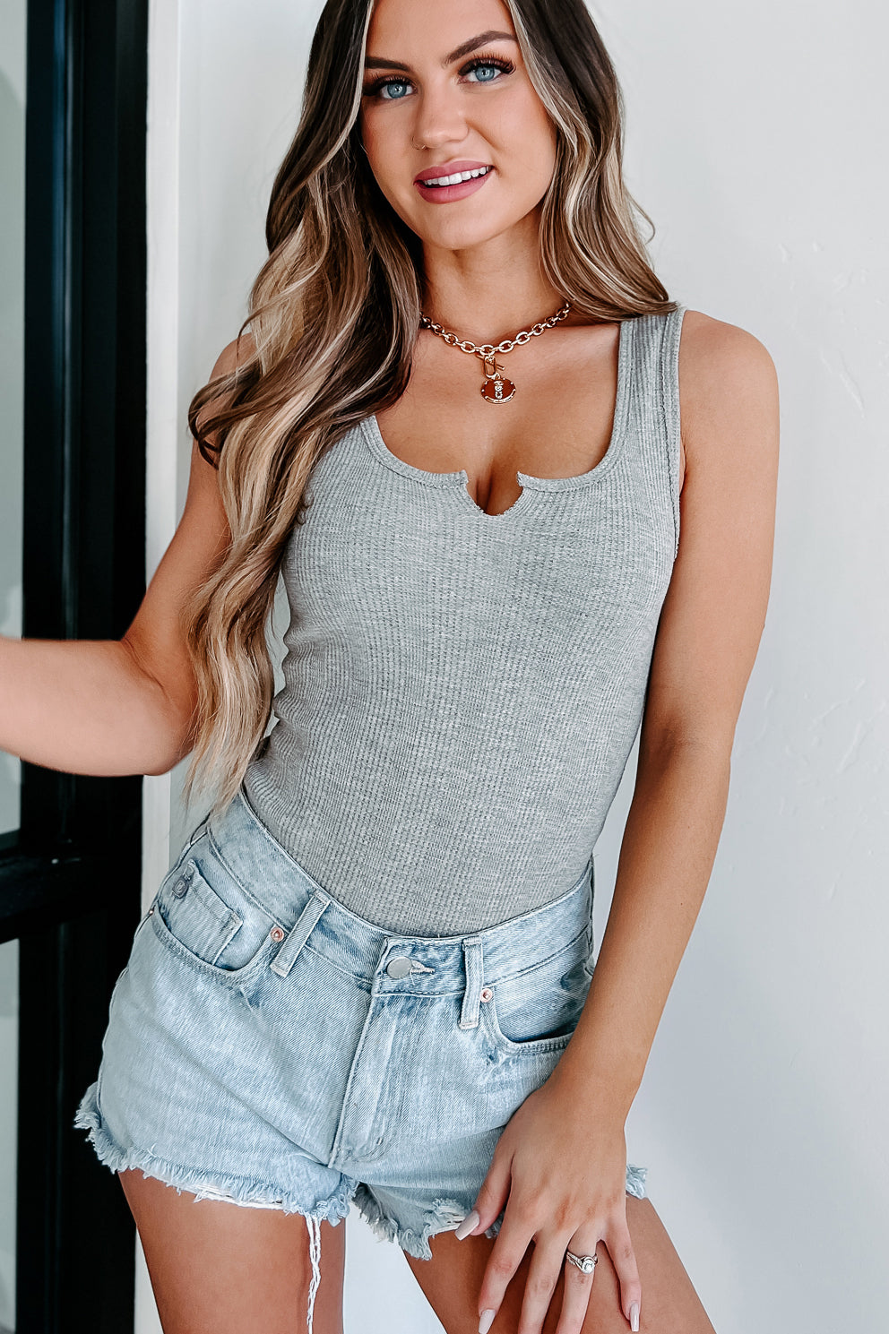 Let's Catch Up Waffle Knit Tank Bodysuit (Grey) - NanaMacs