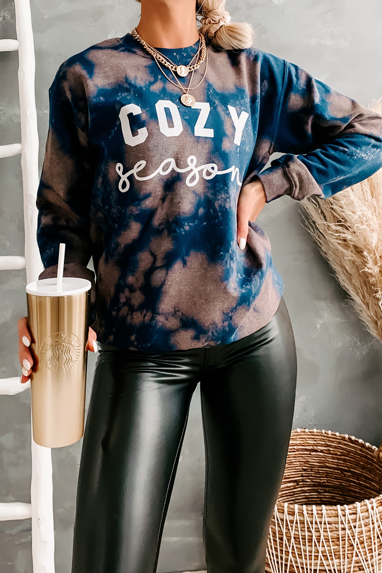 "Cozy Season" Bleached Graphic Sweatshirt (Navy Bleach Splash) - NanaMacs