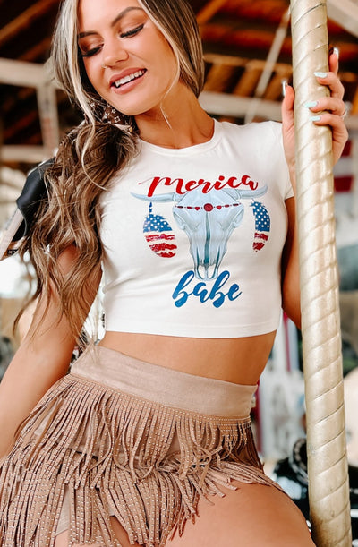 "Merica Babe" Cropped Graphic Tee (French Vanilla) - Print On Demand - NanaMacs