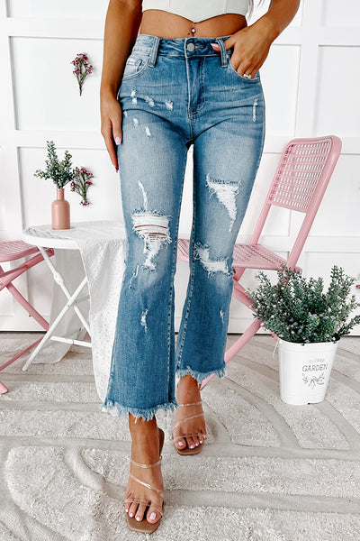 Nanette Distressed Mid-Rise Crop Flare Jeans (Light) - NanaMacs