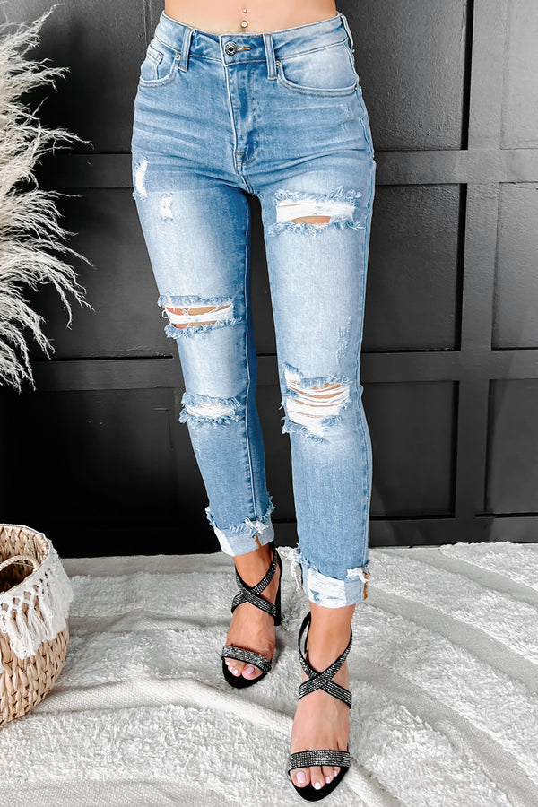 Melina High Rise Distressed Straight Leg Risen Jeans (Light) - NanaMacs