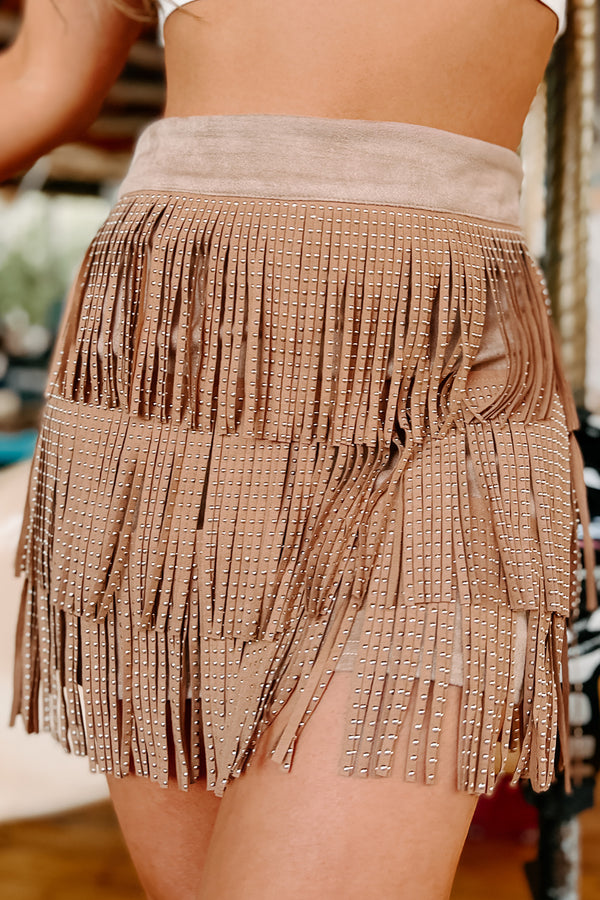 Dance Floor Diva Studded Fringe Mini Skirt (Camel) - NanaMacs