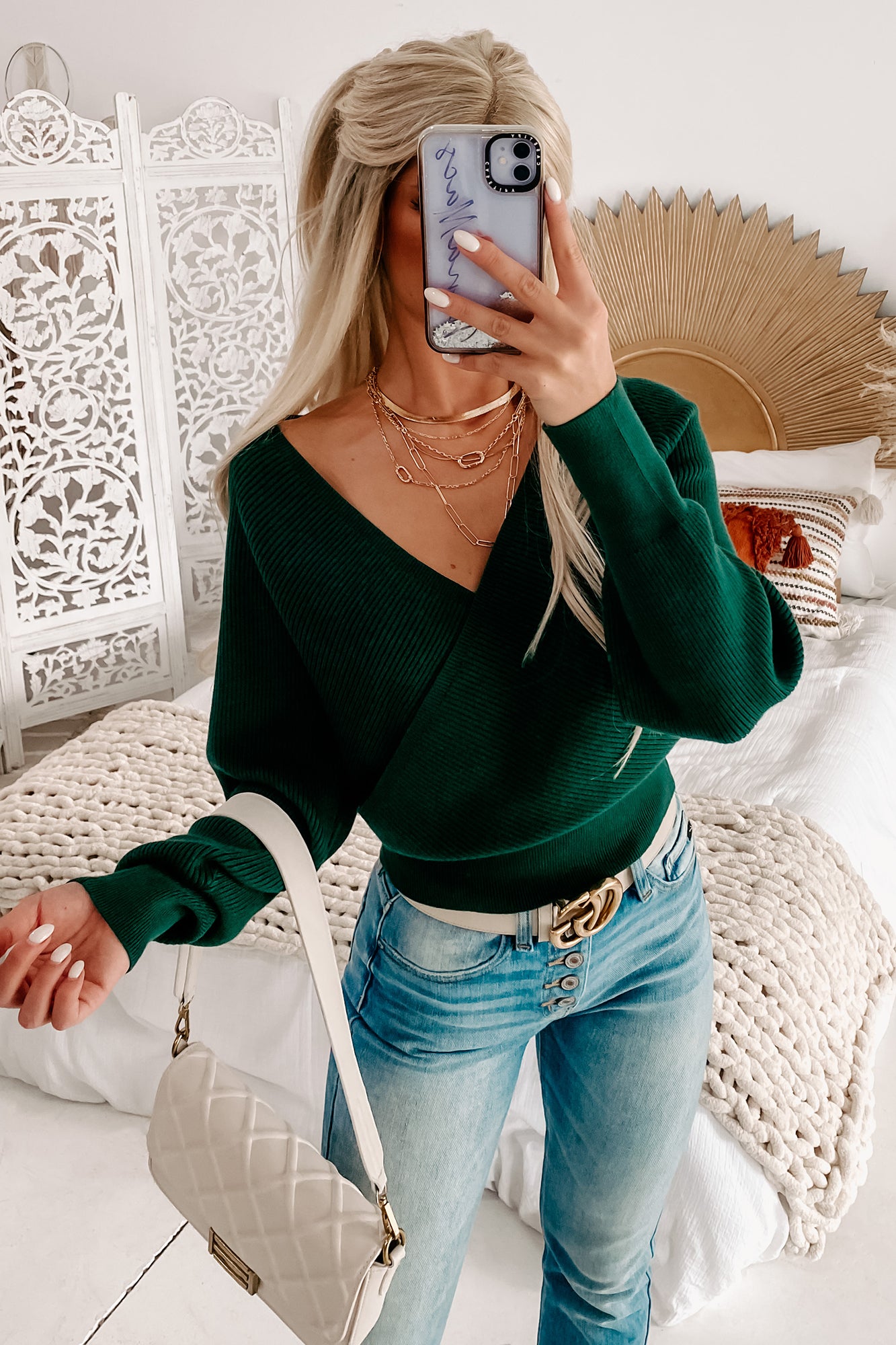Whatever The Weather Ribbed Surplice Sweater (Green) - NanaMacs