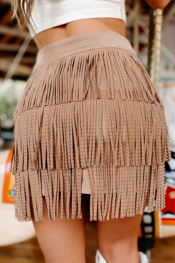 Dance Floor Diva Studded Fringe Mini Skirt (Camel) - NanaMacs