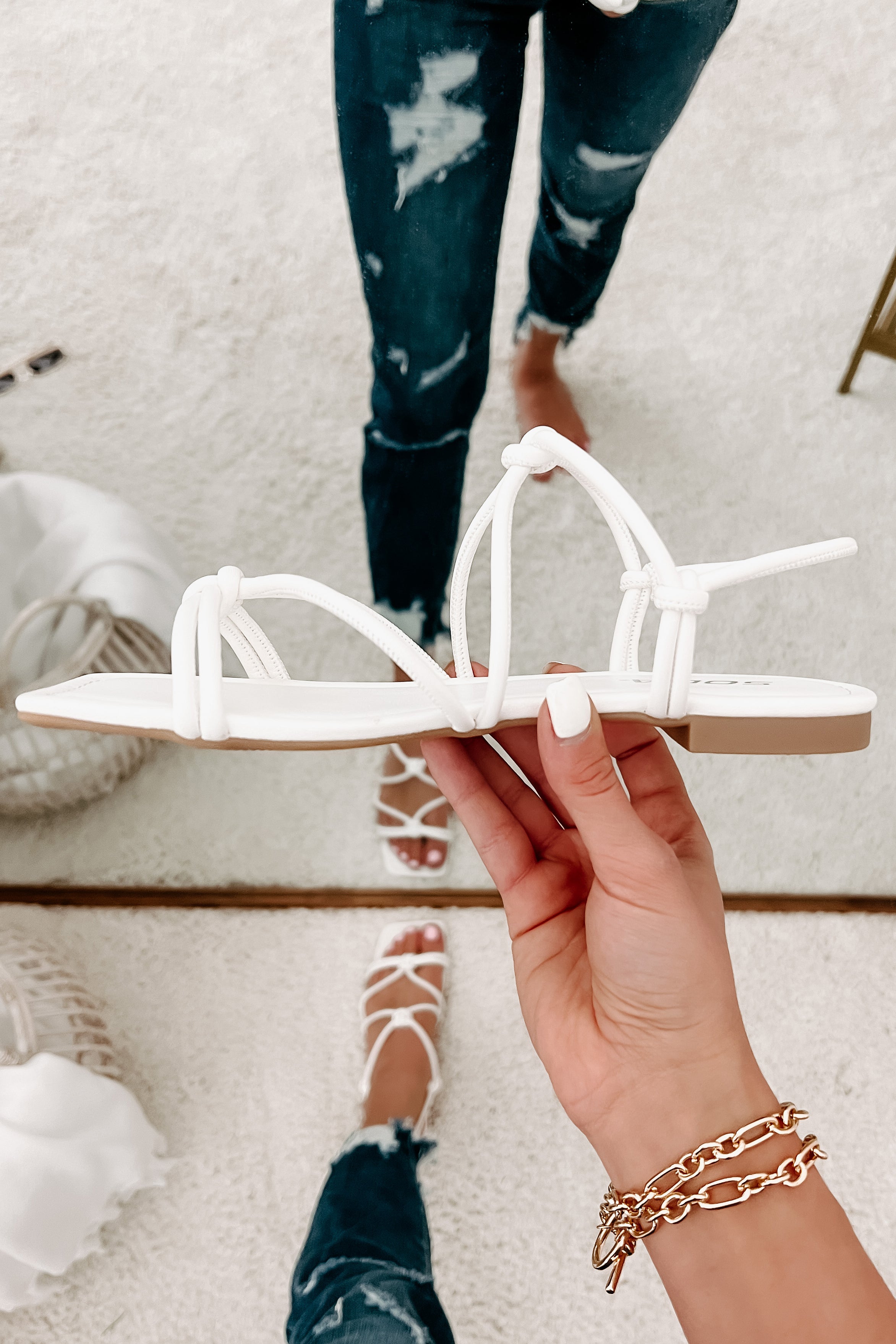 Better In Person Knotted Strappy Sandals (White) - NanaMacs