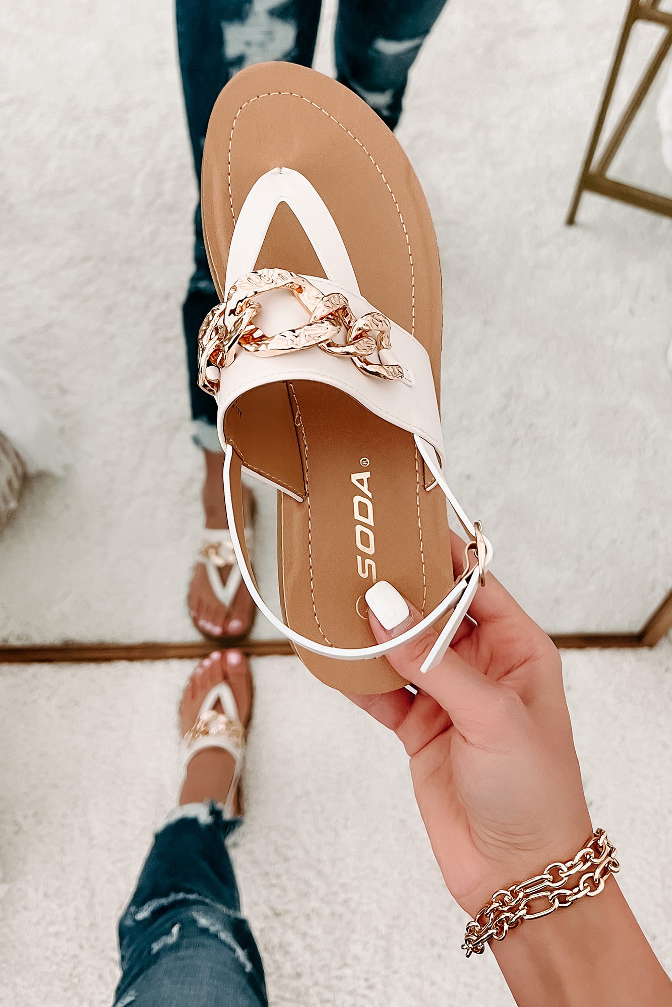 Summer Socialite Chain Embellished Thong Sandals (Cream) - NanaMacs