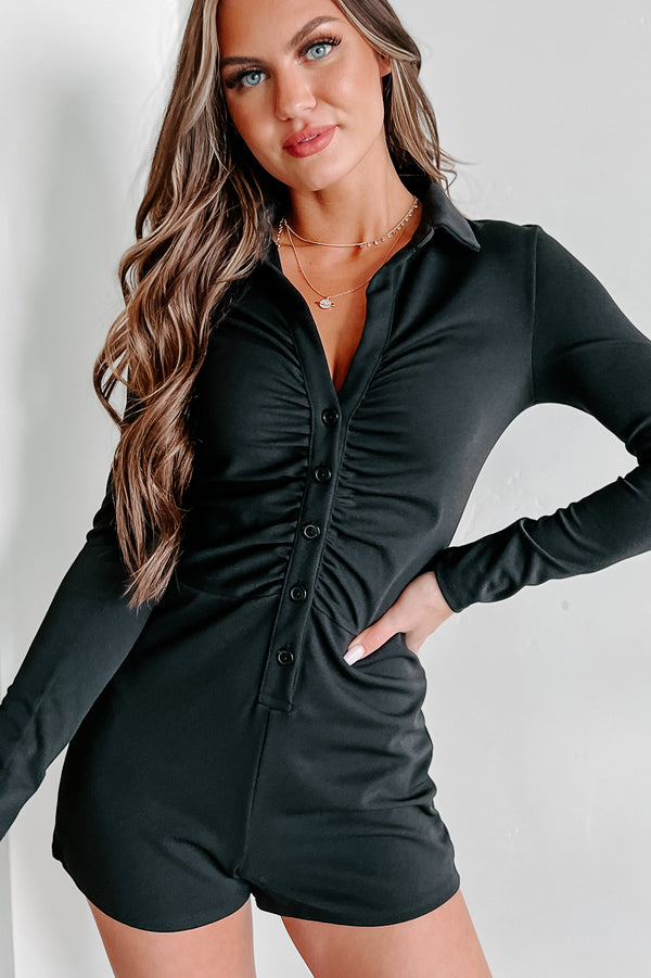 Surprise Visits Button-Down Collared Romper (Black) - NanaMacs