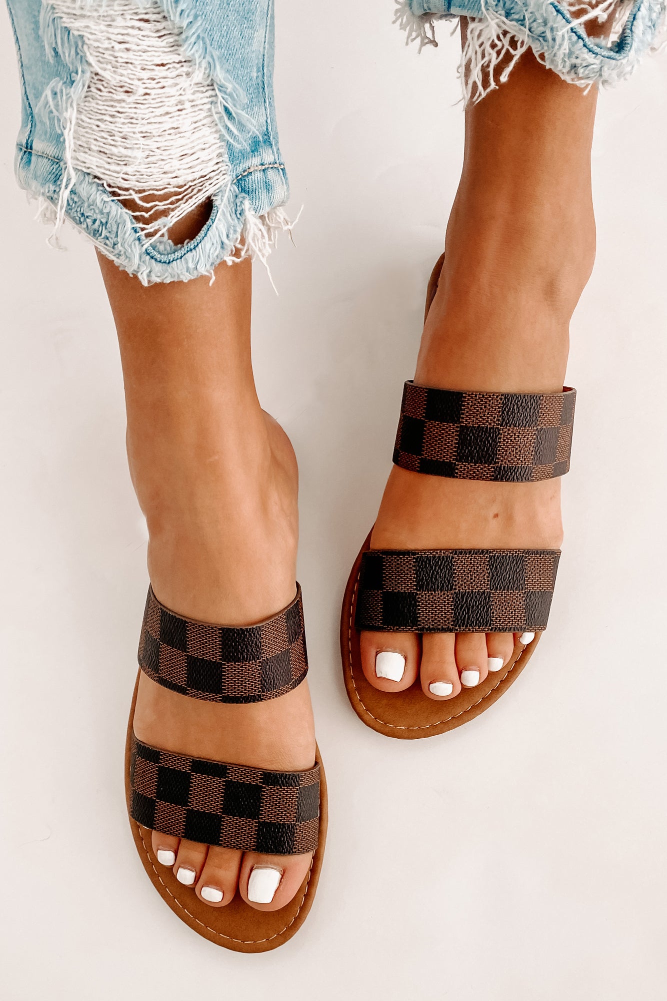 Trendy Traditions Checkered Print Double Strap Sandals (Brown) - NanaMacs