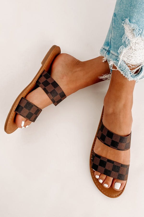 Trendy Traditions Checkered Print Double Strap Sandals (Brown) - NanaMacs