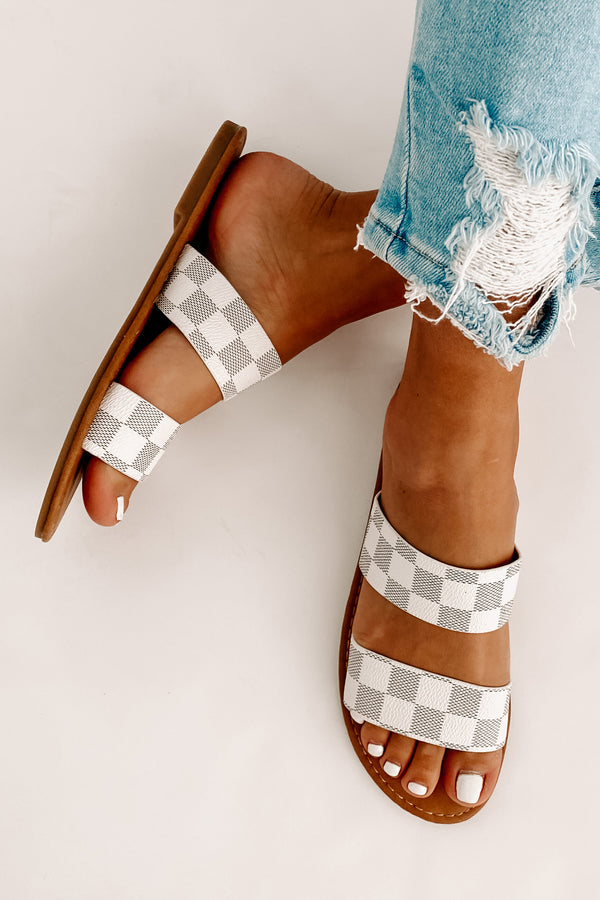 IMPERFECT Trendy Traditions Checkered Print Double Strap Sandals (White) - NanaMacs