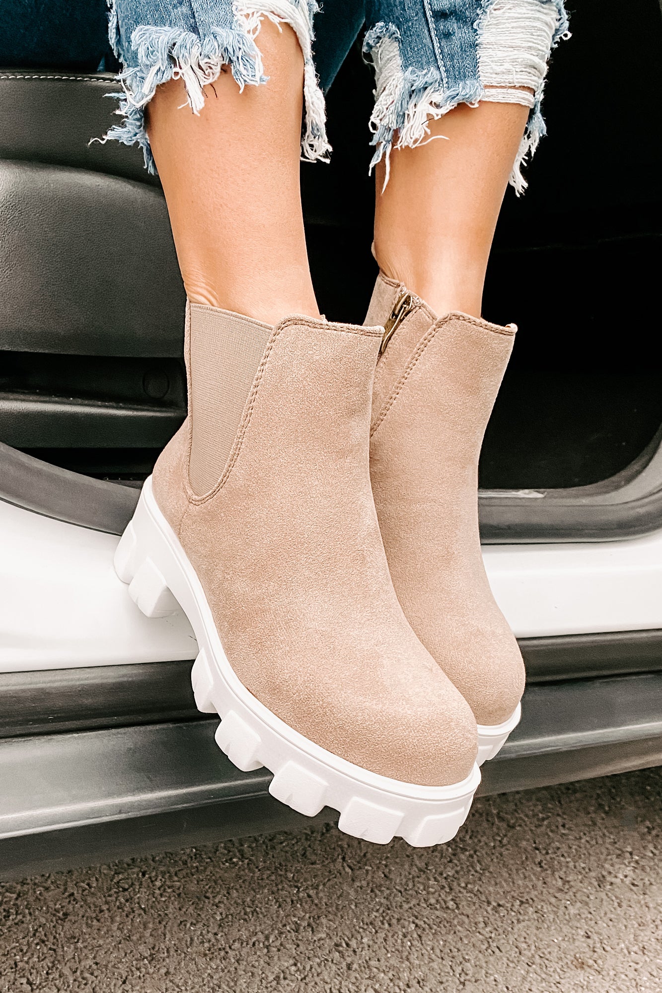 New Paths Faux Suede Chunky Sole Booties (Taupe) - NanaMacs