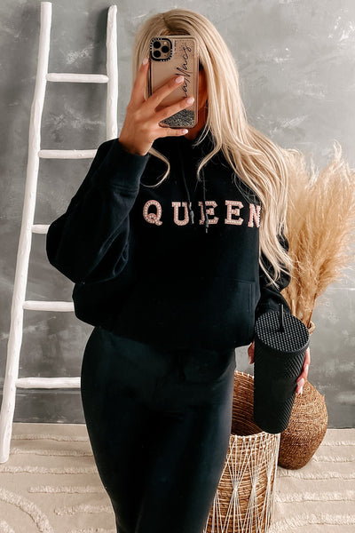 "Queen" Pearl Embellished Drawstring Hem Hoodie (Black) - NanaMacs