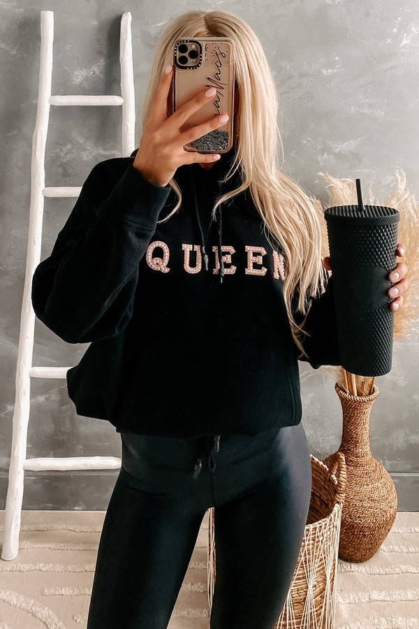 "Queen" Pearl Embellished Drawstring Hem Hoodie (Black) - NanaMacs