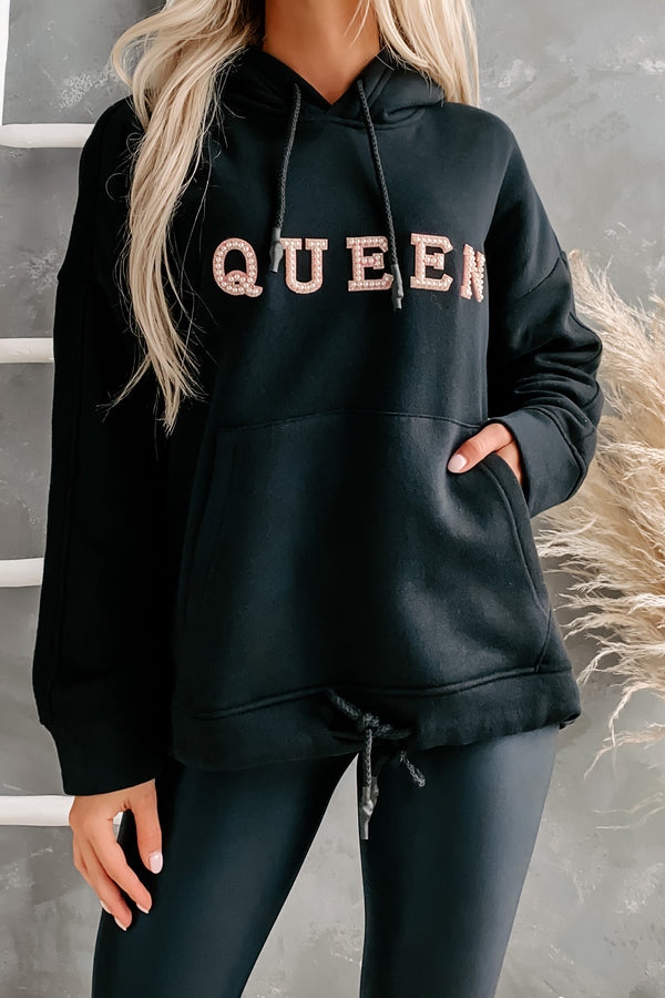 "Queen" Pearl Embellished Drawstring Hem Hoodie (Black) - NanaMacs