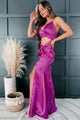 Elevated Sophistication Satin Twist-Front Cut-Out Maxi Dress (Purple) - NanaMacs