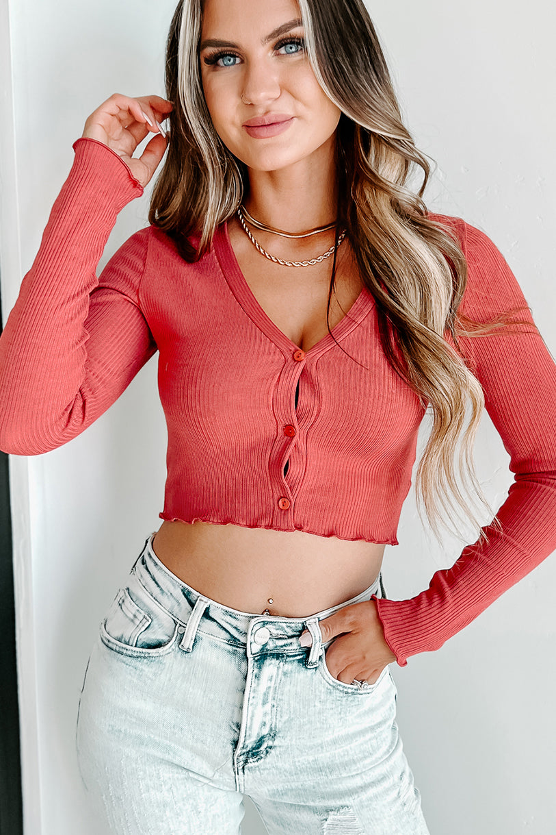 Changing Your Story Ribbed Button-Front Crop Top (Terra) - NanaMacs