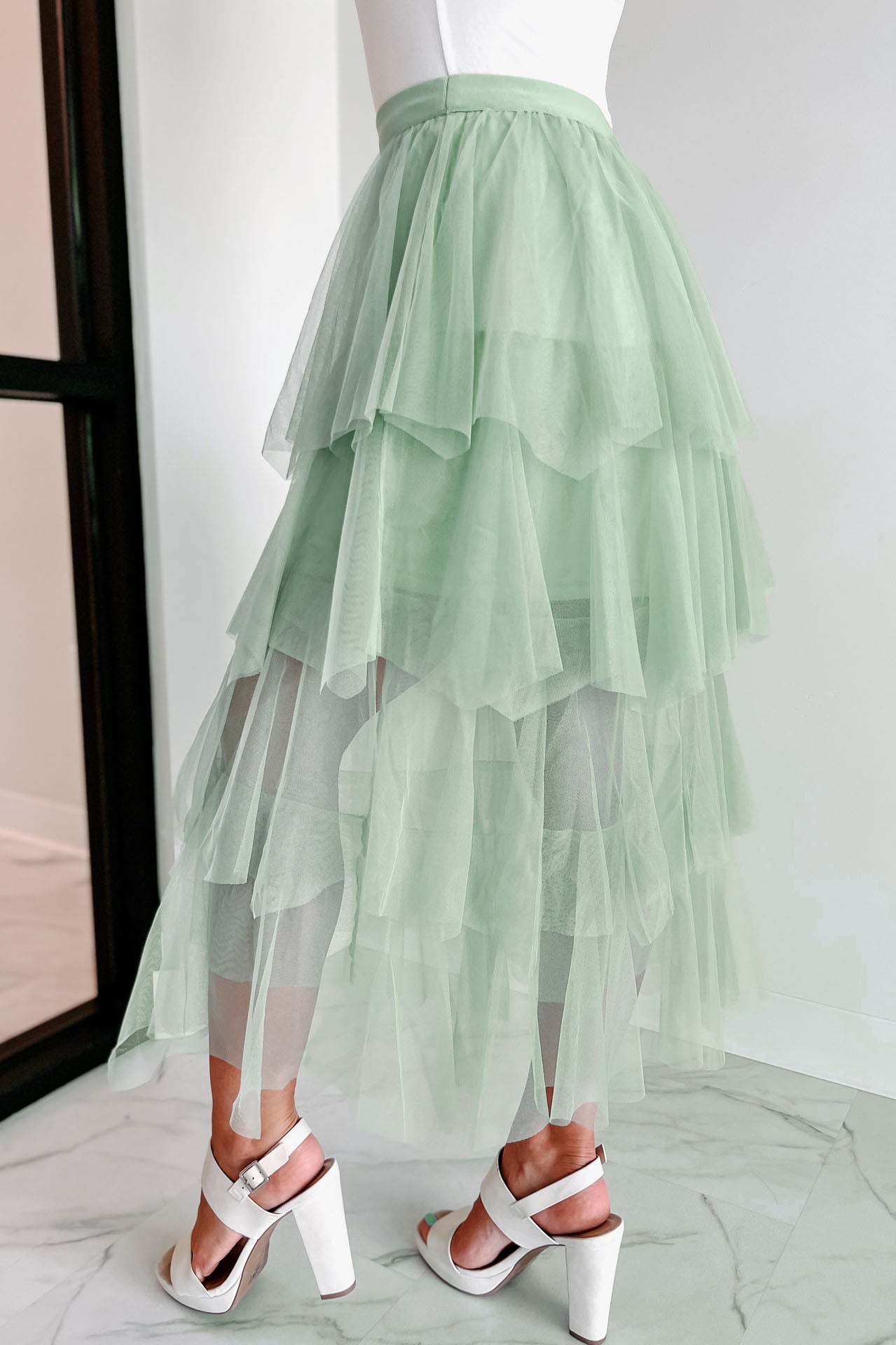 Song And Dance Tiered Tulle Midi Skirt (Sage)