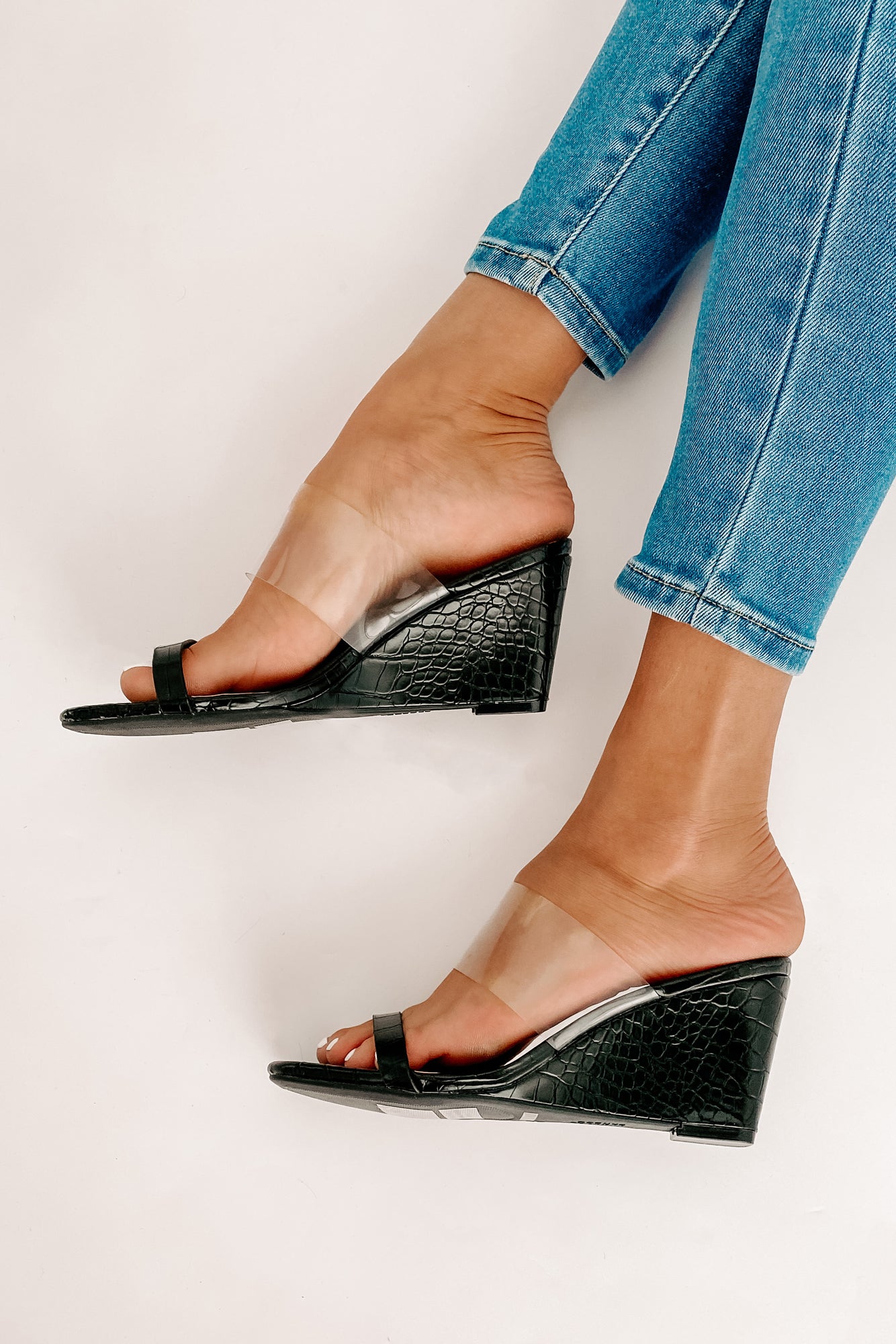 Edith Clear/Croc Print Wedge Heels (Black Croc) - NanaMacs