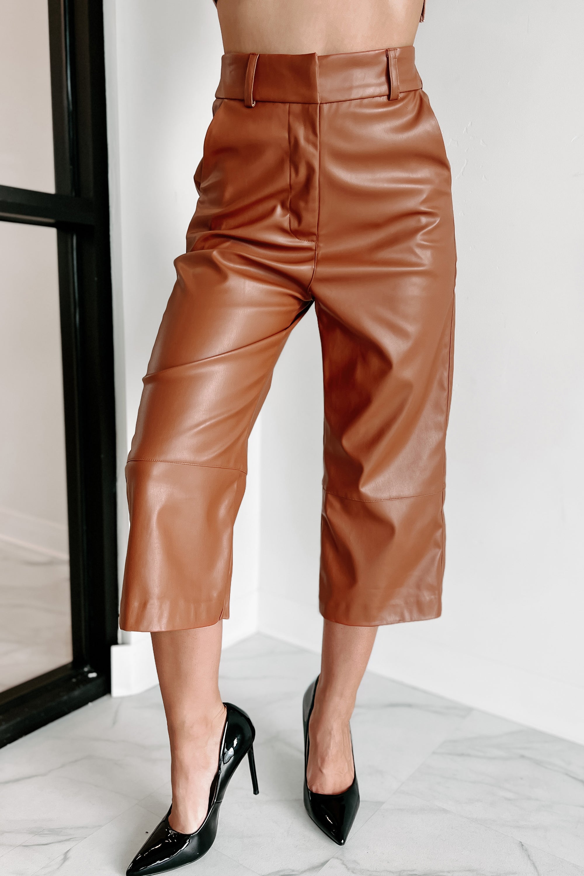 Not Your Usual Type Faux Leather Crop Pants (Brown) - NanaMacs