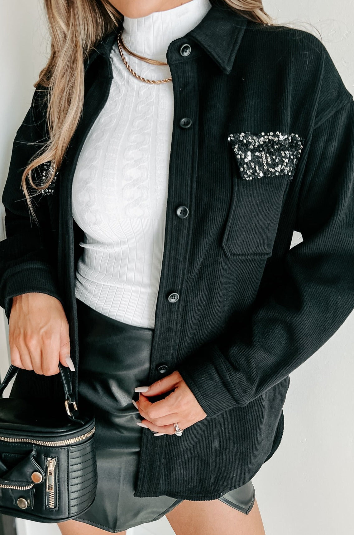 Casually Boujee Ribbed Sequin Detailed Shacket (Black/Silver) - NanaMacs