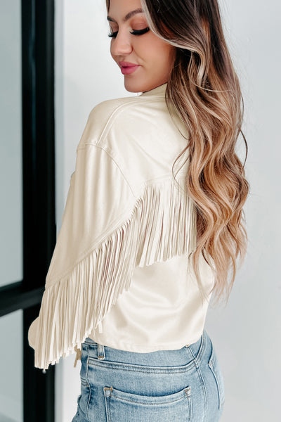 Kicking Up Dust Button Front Fringe Long Sleeve Top (Cream) - NanaMacs