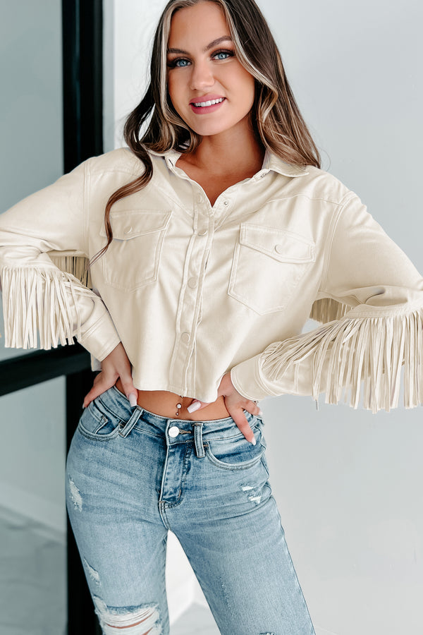 Kicking Up Dust Button Front Fringe Long Sleeve Top (Cream) - NanaMacs