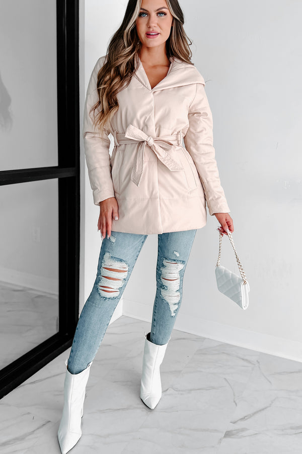 Wintry Winds Hooded Faux Leather Puffer Coat (Beige) - NanaMacs