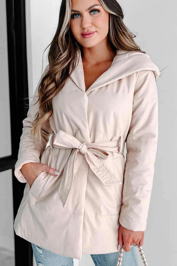 Wintry Winds Hooded Faux Leather Puffer Coat (Beige) - NanaMacs