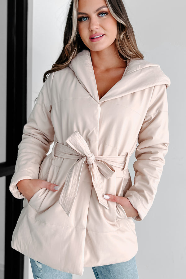 Wintry Winds Hooded Faux Leather Puffer Coat (Beige) - NanaMacs