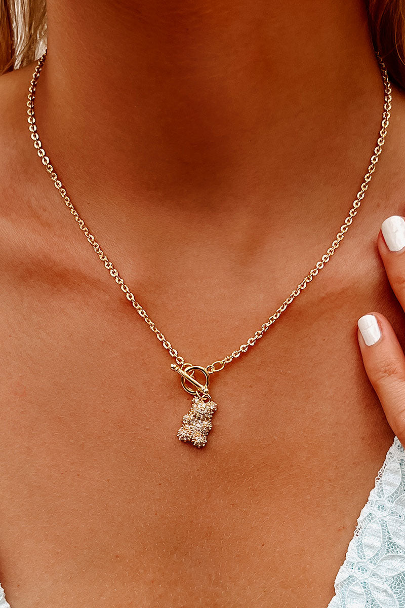 Beary Sweet Rhinestone Bear Charm Necklace (Gold) - NanaMacs