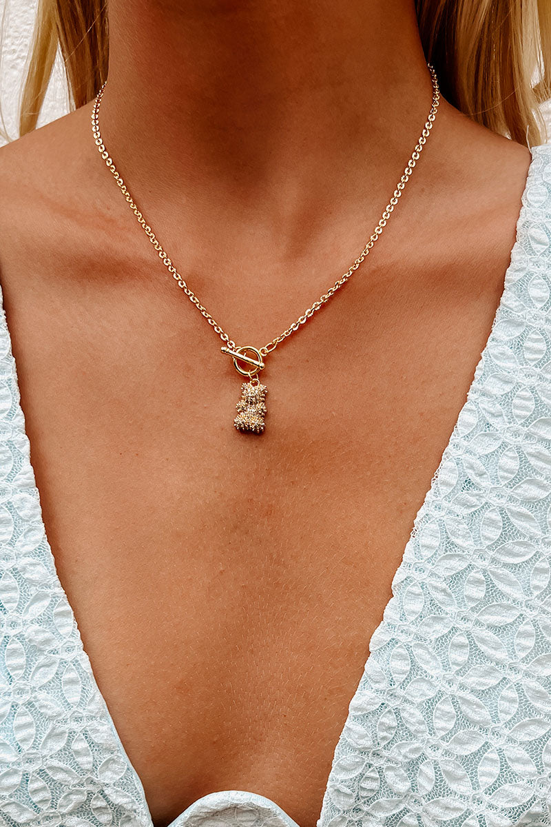 Beary Sweet Rhinestone Bear Charm Necklace (Gold) - NanaMacs