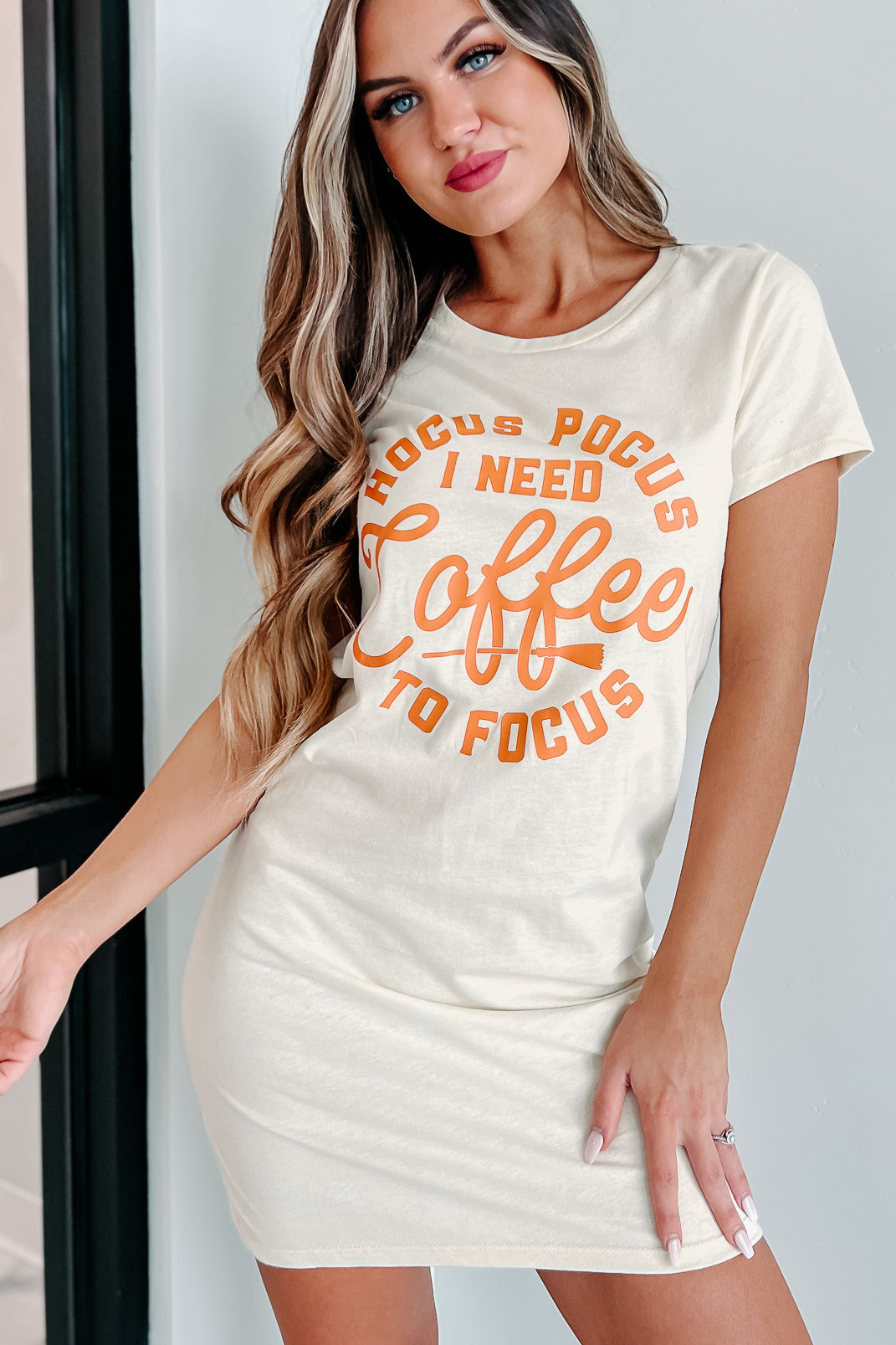 "I Need Coffee To Focus" Graphic T-Shirt Dress (Cream) - Print On Demand - NanaMacs