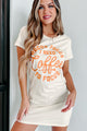 "I Need Coffee To Focus" Graphic T-Shirt Dress (Cream) - Print On Demand - NanaMacs