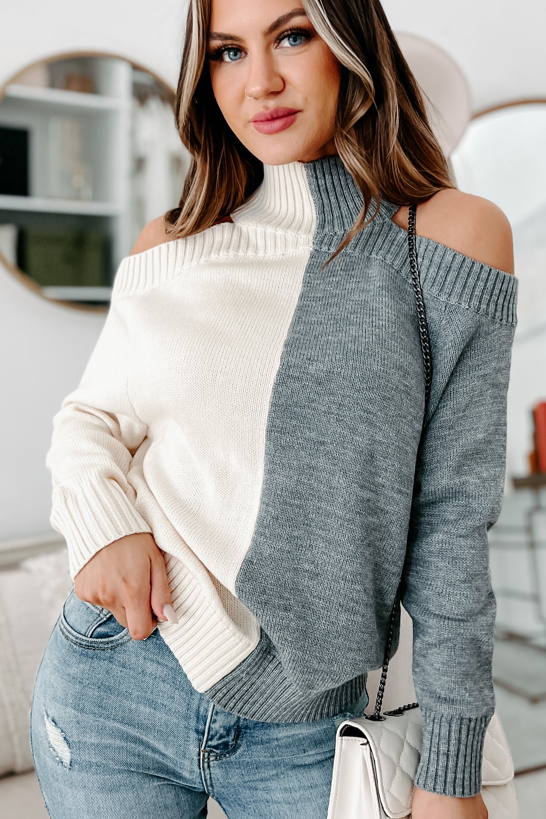 Clear To See Two Tone Cold Shoulder Sweater Heather Grey NanaMacs