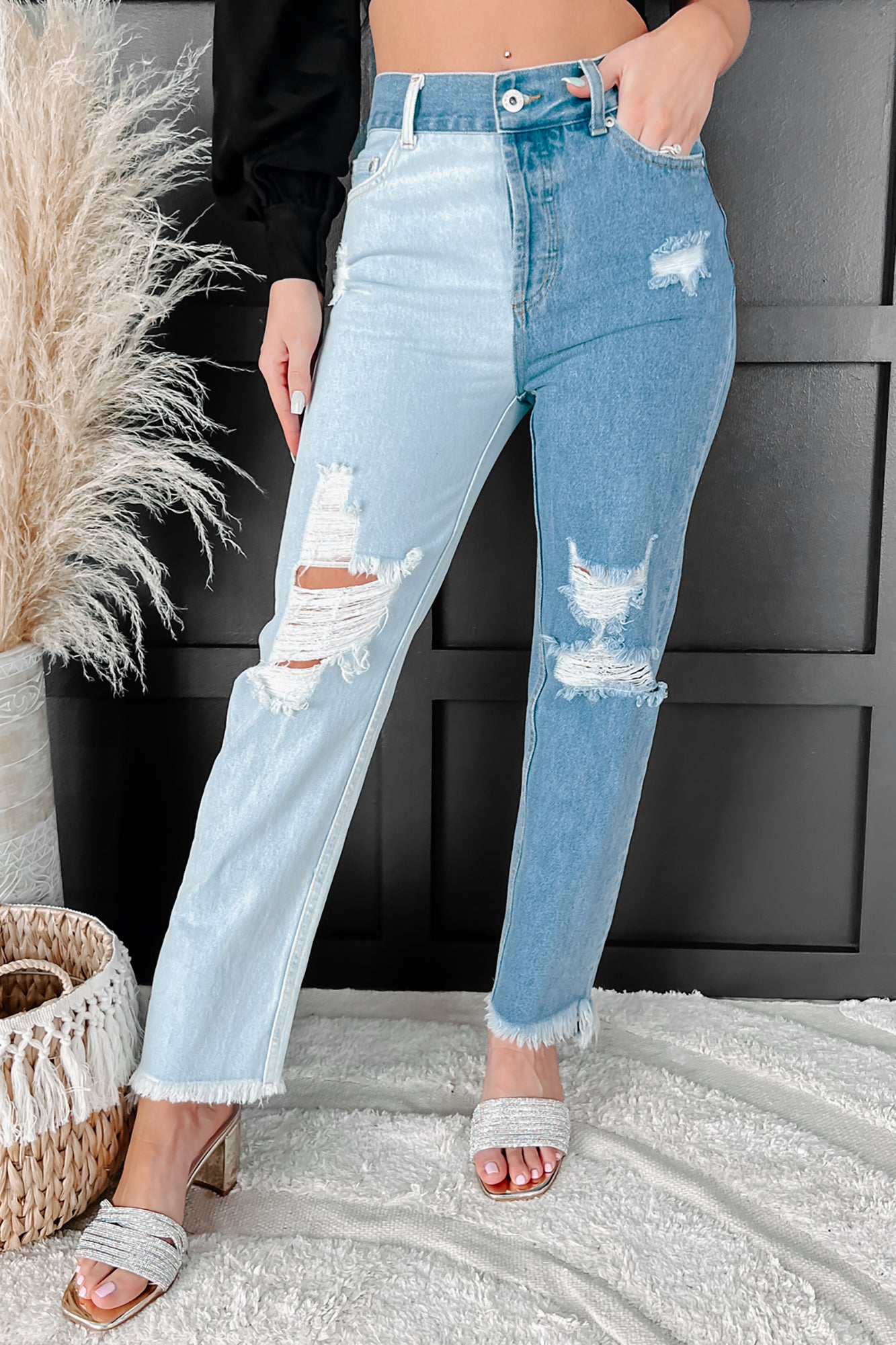 Stassie High Rise Distressed Two-Tone Jeans (Light/Medium) · NanaMacs