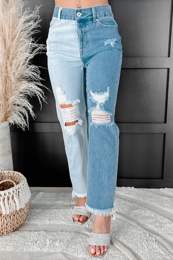 Stassie High Rise Distressed Two-Tone Jeans (Light/Medium) - NanaMacs