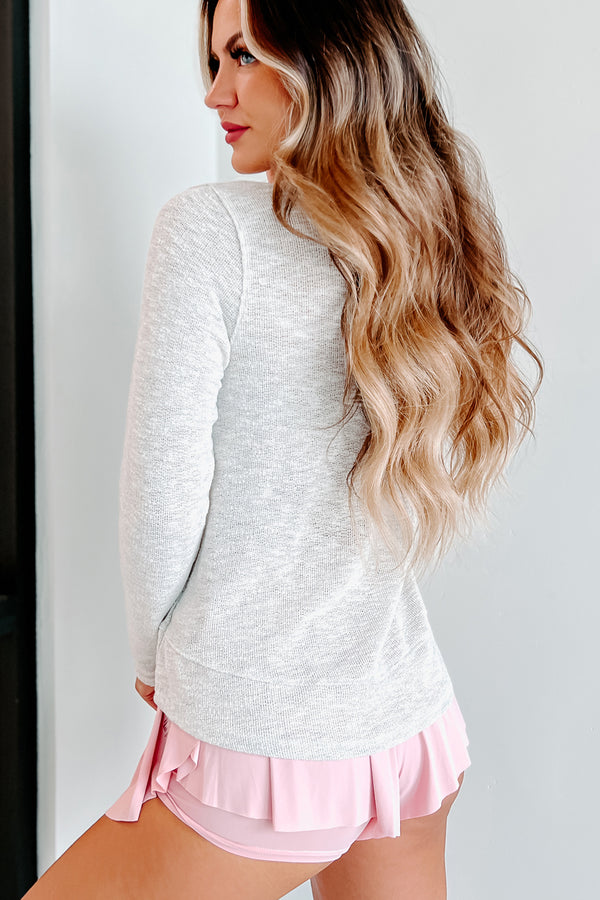 Half Of My Heart Long Sleeve Knit Henley Top (Light Heather Grey) - NanaMacs