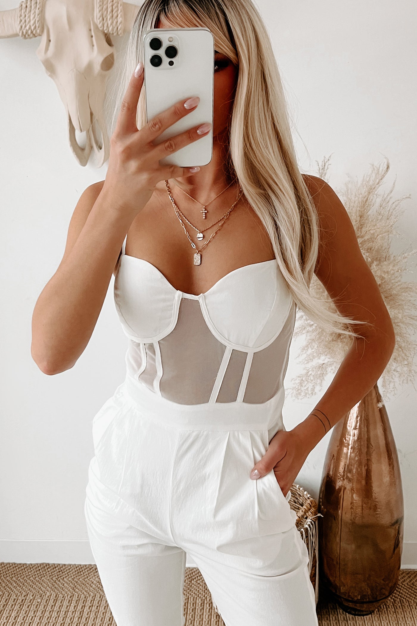 New Attraction Padded Mesh Tie-Ankle Jumpsuit (White) · NanaMacs