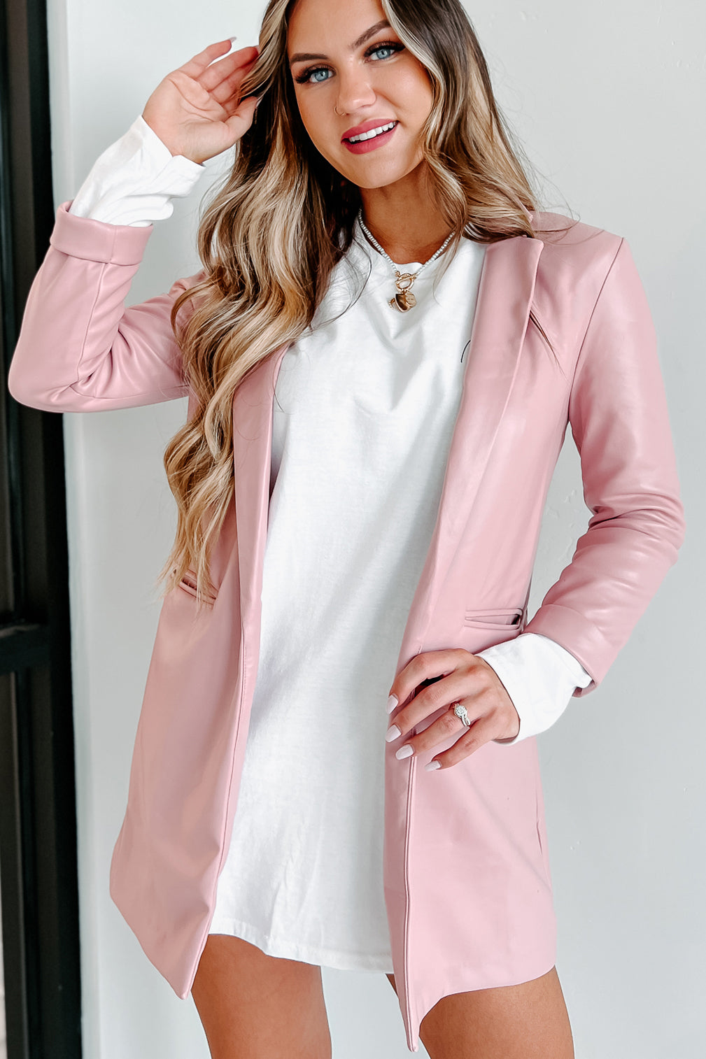 Stunning Creations Faux Leather Blazer (Rose) - NanaMacs