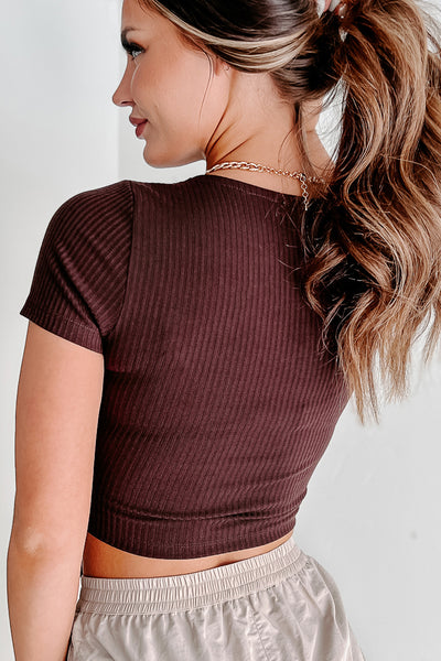 Closer To Home Ribbed Tie-Waist Crop Top (Brown) - NanaMacs