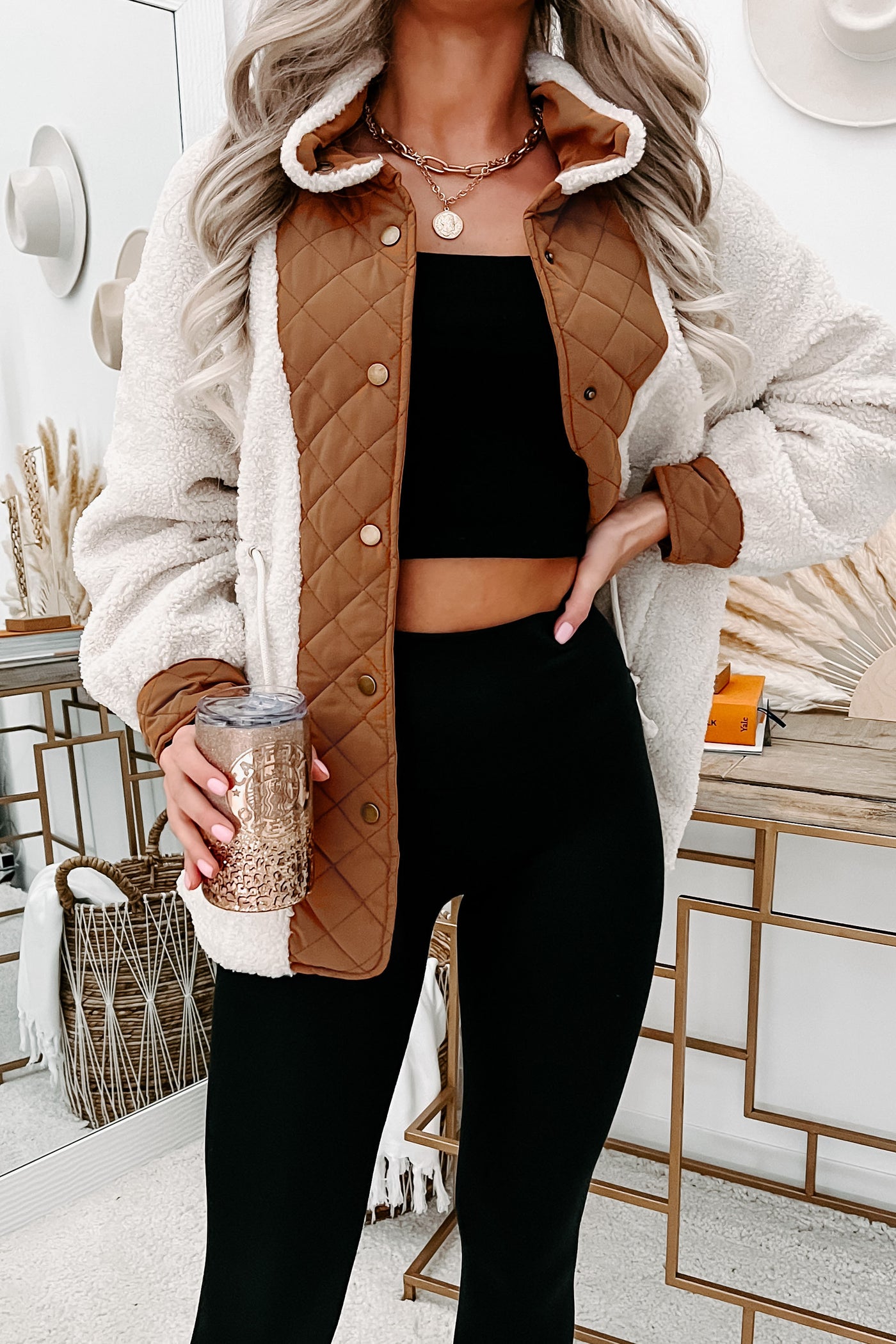 Everyday Addition Oversized Sherpa Jacket (Cream/Rust) - NanaMacs