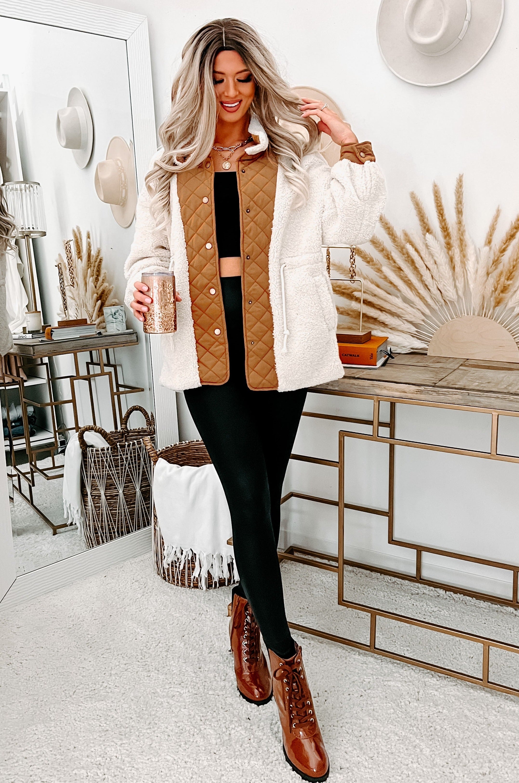 Everyday Addition Oversized Sherpa Jacket (Cream/Rust) - NanaMacs