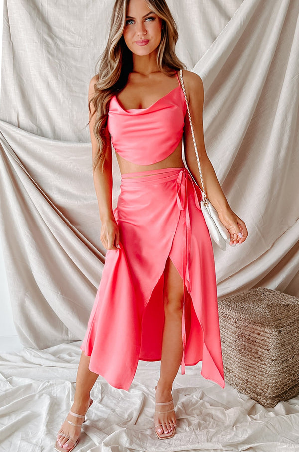 On One Condition Two-Piece Satin Skirt Set (Coral) - NanaMacs