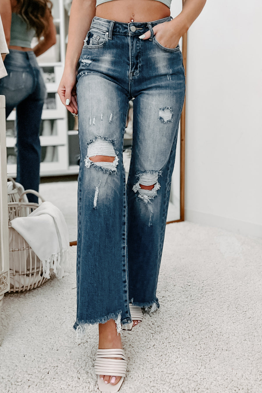 Absolutely Certain High Rise Distressed Risen Wide Leg Jeans (Dark) - NanaMacs