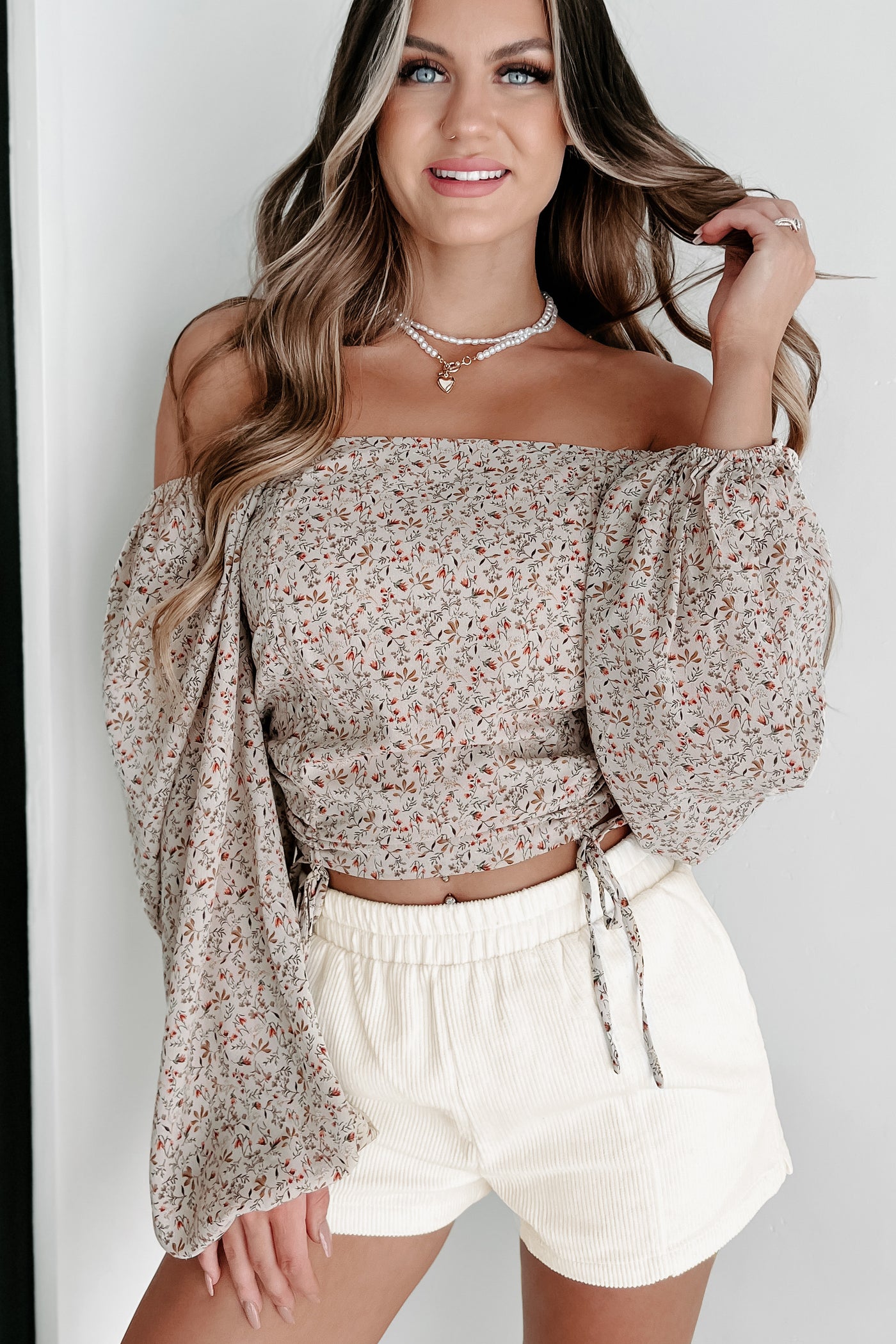 See The Big Picture Floral Square Neck Ruched Top (Taupe) - NanaMacs