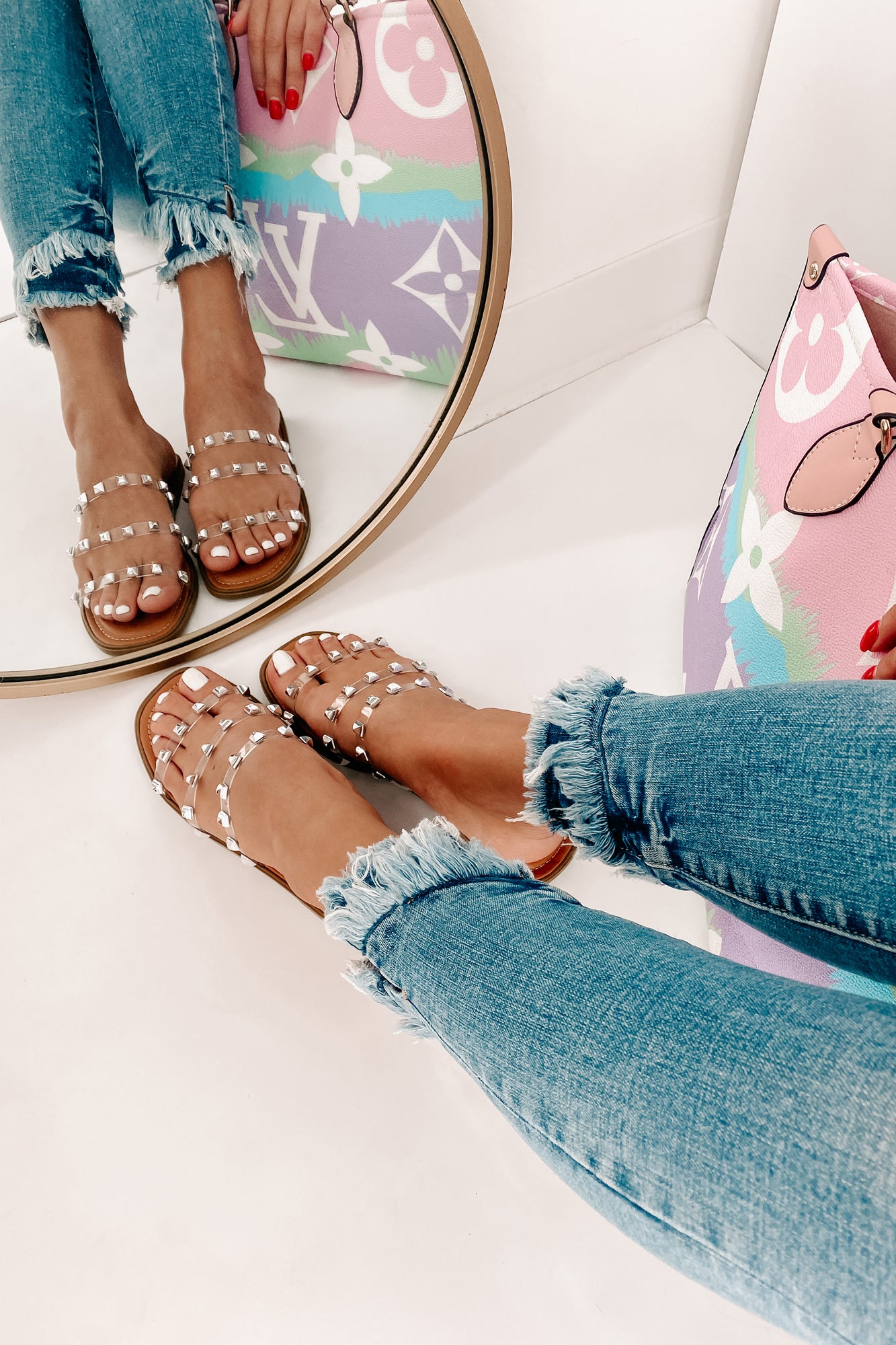 Clear studded flat store sandals