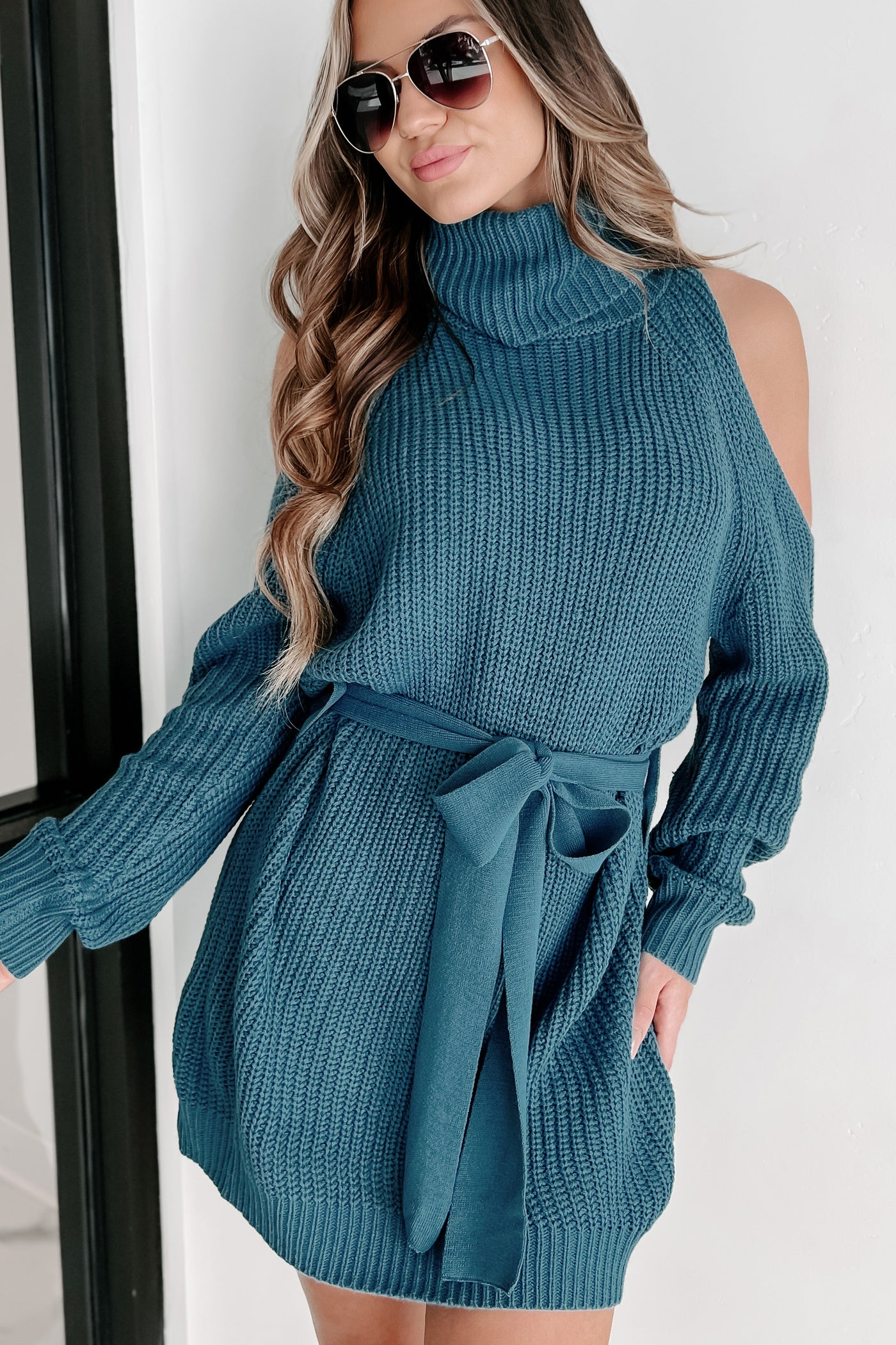 Taking Over My Time Cold Shoulder Sweater Dress (Teal) - NanaMacs