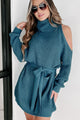Taking Over My Time Cold Shoulder Sweater Dress (Teal) - NanaMacs