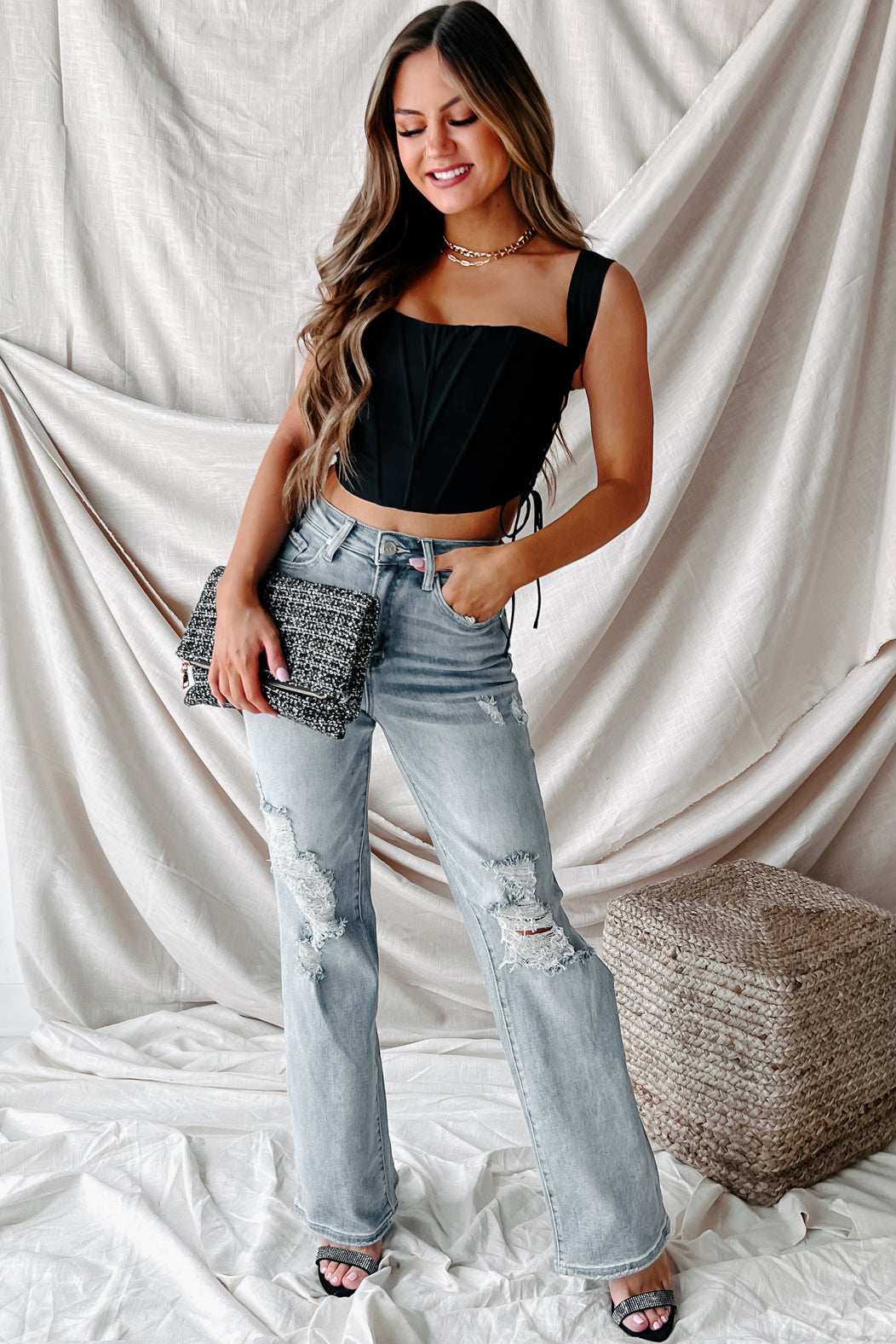 White crop shop top black jeans