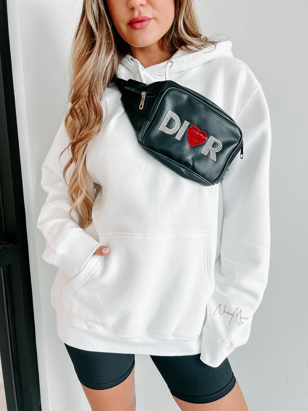 "NanaMacs XOXO" Graphic Hoodie (White/Taupe Text-Sleeve) - Print On Demand - NanaMacs